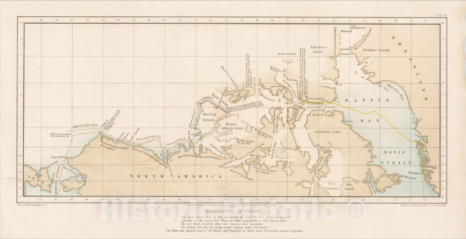 Historic Map - Chart of The Northwest Passage Showing The Route of The Investigator, 1854, Samuel Gurney Cresswell | Vin