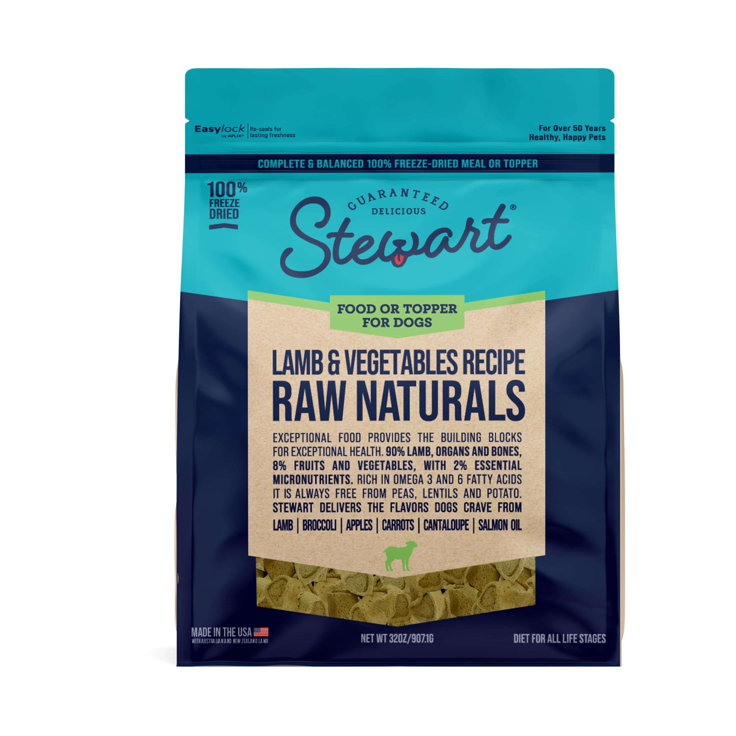 Stewart Raw Naturals Freeze-Dried Raw Dog Food or Meal Topper, Lamb & Vegetables Recipe, Perfect for Active Dogs, Ideal
